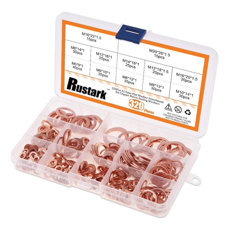 Rustark 320 Pcs Copper Flat Washers Assortment Kit Metric Sealing Washers M5 M6 M8 M10 M12 M14 M16 M20ï¼ˆ12 Sizesï¼‰ - Image 5